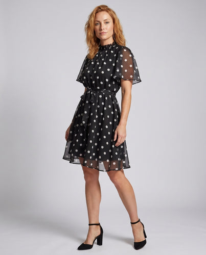 Damen Chiffon Kleid mit Polka Dots und Taillengürtel EB