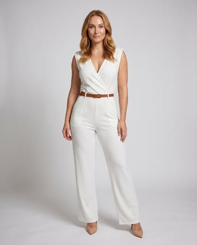 Damen Eleganter Jumpsuit mit weitem Bein und V-Ausschnitt EB