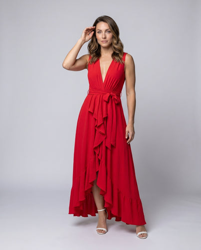 Damen Elegantes Maxikleid mit Volant und tiefem V-Ausschnitt EB
