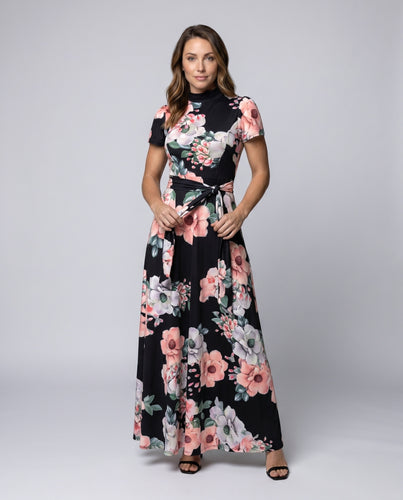 Damen Elegantes Maxikleid mit zartem Blumendruck und Wickelgürtel EB