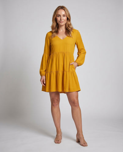 Damen Freizeitkleid mit V-Ausschnitt und voluminösen Ärmeln EB