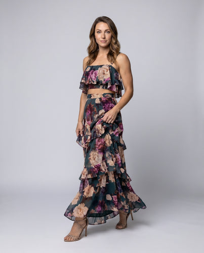 Damen Langes Kleid mit voluminösen Rüschen und floralem Design EB