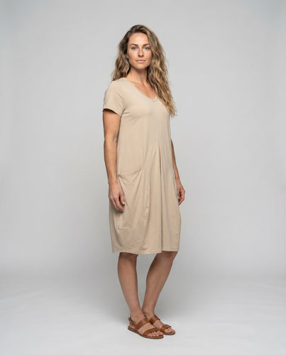 Damen lässiges Kleid mit V-Ausschnitt und praktischen Taschen EB