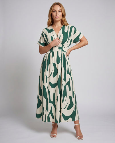 Damen Maxikleid mit elegantem Wickeldesign und grafischem Muster EB