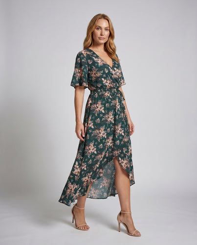 Damen Maxikleid mit floralem Design und elastischem Taillenbund EB