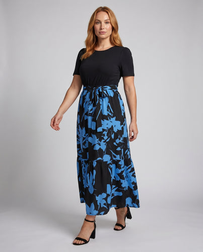 Damen Maxikleid mit floralem Rock und eleganten Puffärmeln EB