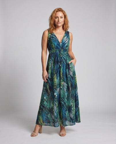 Damen Maxikleid mit tiefem V-Ausschnitt und seidigem Fall EB