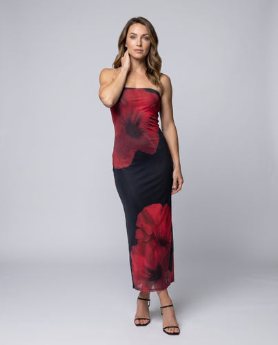 Damen Maxikleid mit verspieltem Blumenmotiv und trägerlosem Design EB