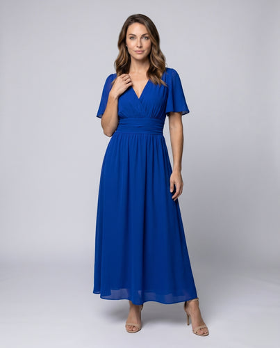 Damen Maxikleid mit voluminösen Ärmeln und tiefem V-Ausschnitt EB