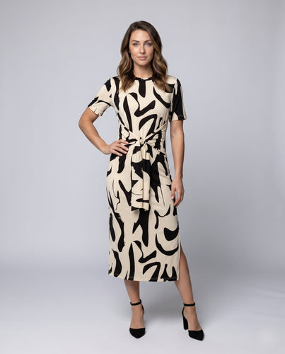 Damen Midi-Kleid mit kreativem Grafikdruck und Taillengürtel EB