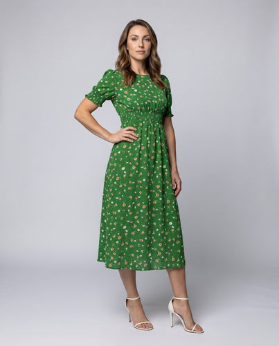 Damen Midikleid mit floralem Muster und elastischem Tailleneinsatz EB