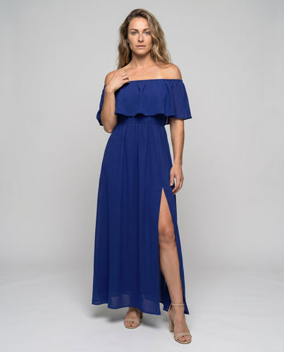 Damen Off-Shoulder Maxikleid mit voluminösen Rüschen EB