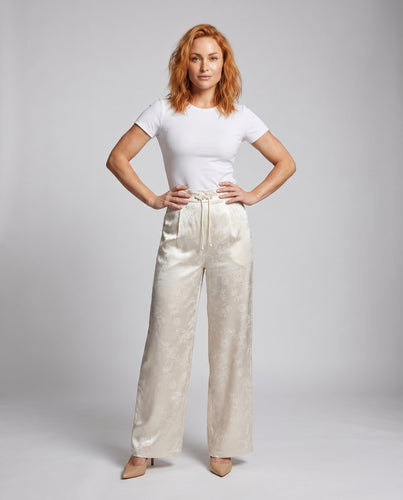 Damen Elegante Satinhose mit floralem Muster und elastischem Bund