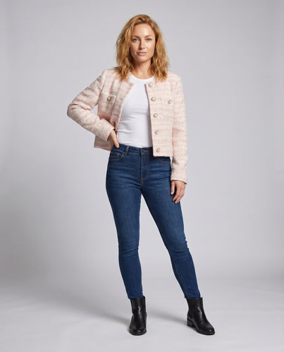 Damen elegante Tweed-Jacke mit Perlenknöpfen und modischem Design