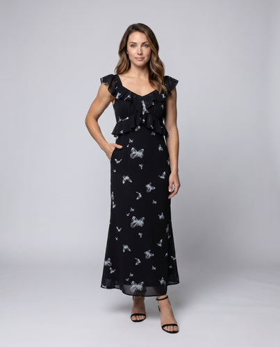 Damen Elegantes Kleid mit fließenden Rüschen und verspieltem Schmetterlingsmuster