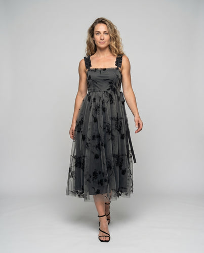 Damen Elegantes Maxi-Kleid mit floralen Applikationen und schulterfreiem Design