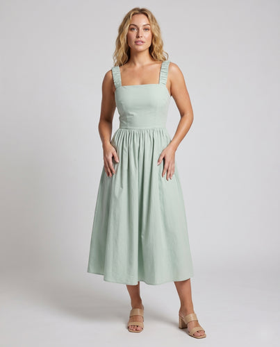 Damen Elegantes Midi-Kleid mit schulterfreier Silhouette und verzierten Trägern