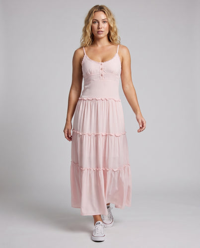 Damen fließendes Maxikleid mit Rüschendetails und Knopfverschluss