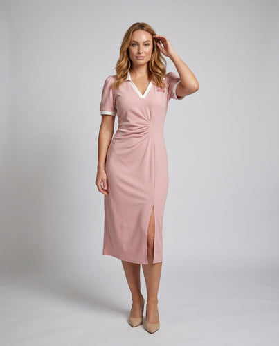 Damen Freizeit Maxi-Kleid mit eleganter Knotendetail und klassischem Polokragen
