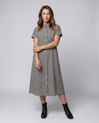 Damen Gingham Midi-Kleid mit Knopfleiste und weit schwingendem Rock