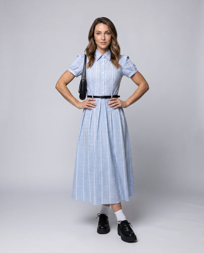 Damen Hemdblusenkleid mit modischem Gingham-Muster und eleganten Puffärmeln