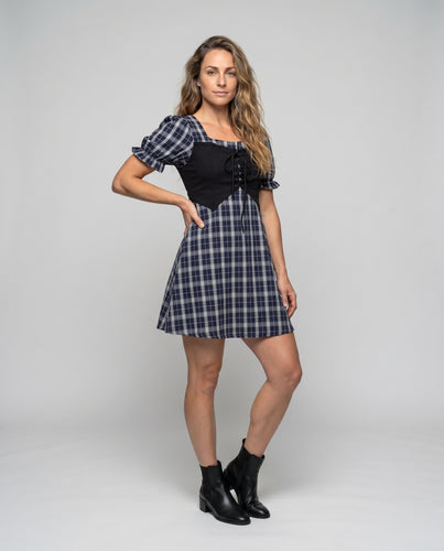 Damen Karierte Kurzarmkleid mit tailliertem Oberteil und verspieltem Schnürdesign