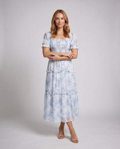 Damen Langarm Maxi-Kleid mit floralem Rüschendesign