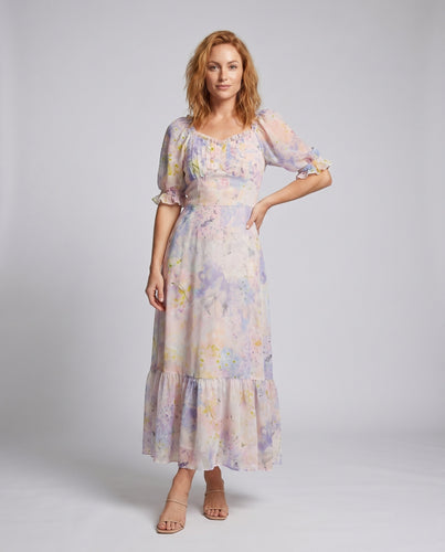 Damen Langarm Maxikleid mit voluminösen Puffärmeln und zartem floralen Muster