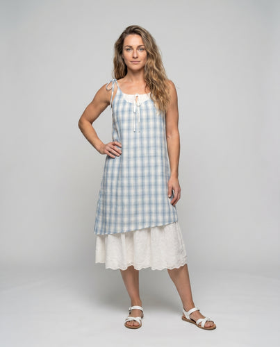 Damen luftiges Karo-Kleid mit verstellbaren Trägern und zarter Spitze