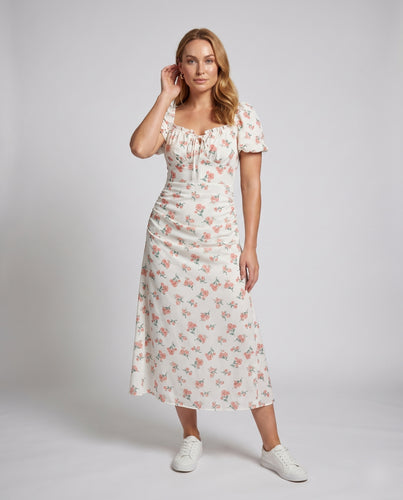 Damen Maxi Kleid mit Puffärmeln und Zierschnürung