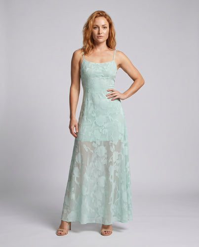 Damen Maxikleid mit floralen Applikationen und transparentem Oberteil