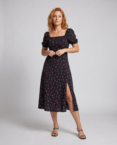 Damen Maxikleid mit floralen Puffärmeln und charmantem V-Ausschnitt