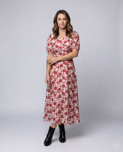 Damen Maxikleid mit floralen Puffärmeln und elegantem Wickel-Design