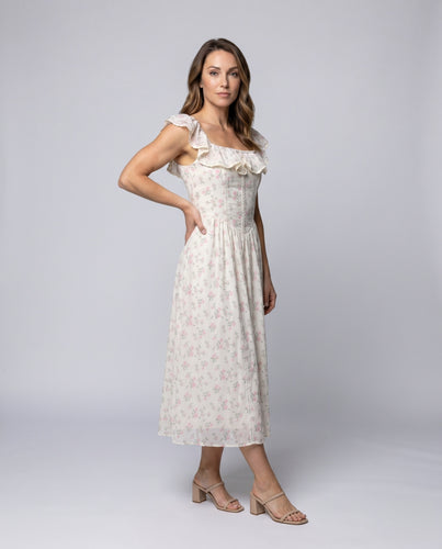 Damen Maxikleid mit floralen Rüschen und elegantem Ausschnitt