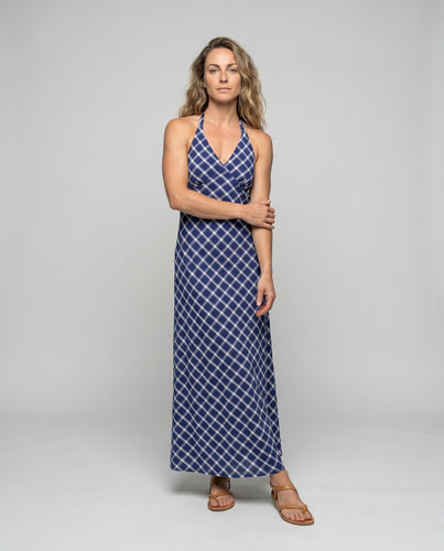 Damen Maxikleid mit tiefem V-Ausschnitt und raffiniertem Karomuster