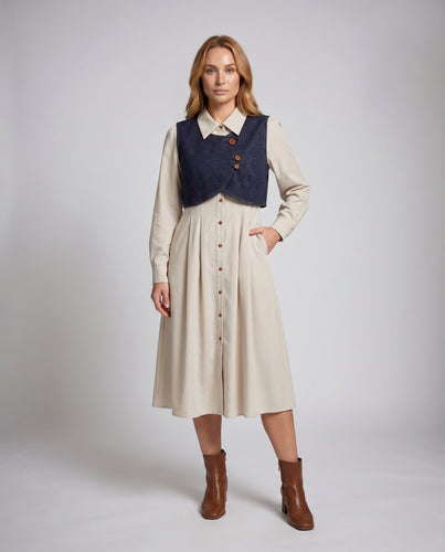 Damen Midi-Blusenkleid mit elegantem Kragen und Knopfleiste