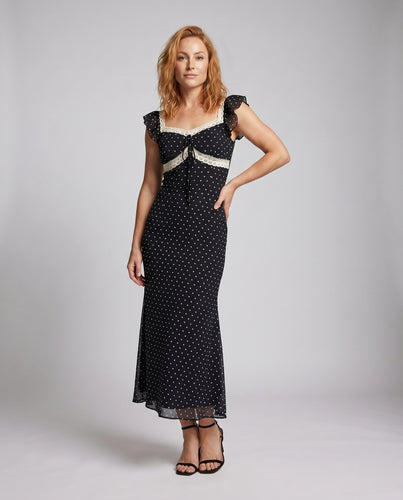 Damen Midi-Kleid mit Puffärmeln und Spitzenakzenten