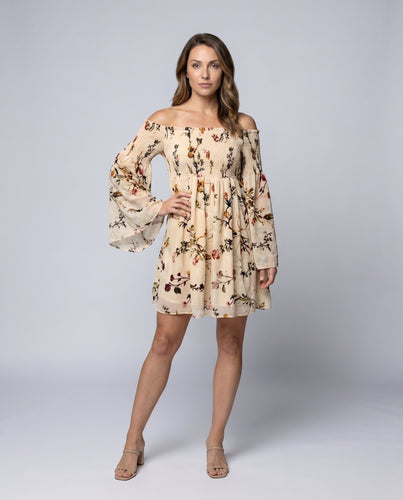 Damen Off-Shoulder Kleid mit floralen Mustern und voluminösen Ärmeln