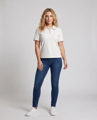 Damen Poloshirt mit floralem Kragen und Knopfleiste