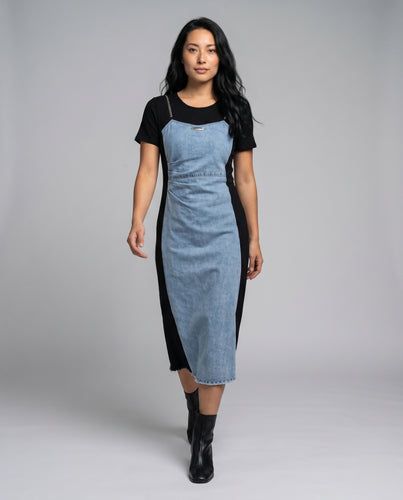 Damen T-Shirt-Kleid mit Latz und kontrastierenden Ärmeln