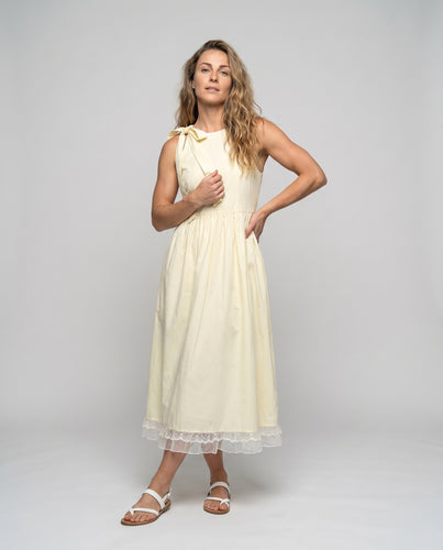 Damen Vintage Maxikleid mit Rüschenbesatz und trendigem Schleifenakzent