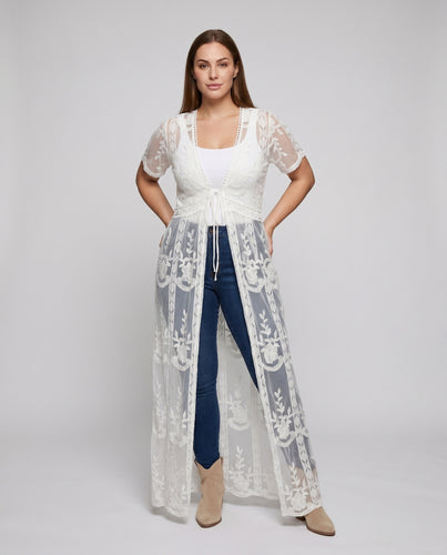 Damen durchsichtiger Spitzenkimono mit floralen Akzenten EB