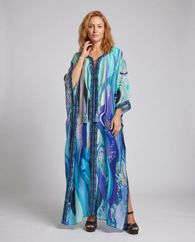 Damen elegant schwingender Kaftan mit botanischem Druck EB