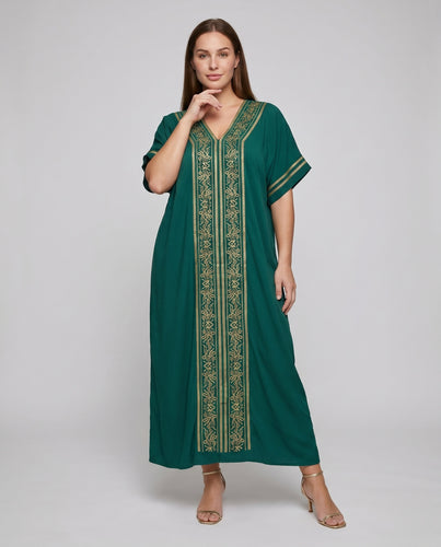 Damen elegante Maxikaftan mit kunstvoller Goldbestickung EB