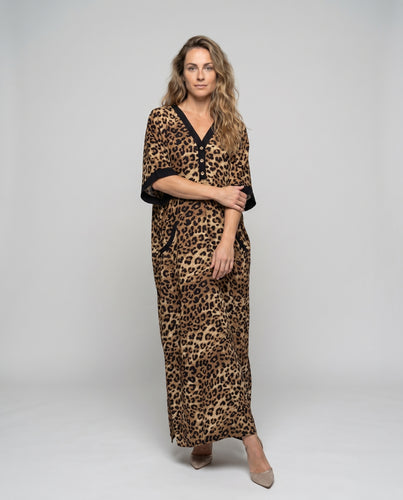Damen eleganter Kaftan mit exotischem Leopardenmuster und weitem Schnitt EB
