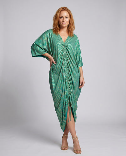 Damen eleganter Kaftan mit raffinierten Falten und tiefem V-Ausschnitt EB