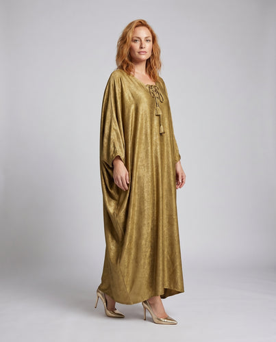 Damen eleganter Kaftan mit schimmerndem Stoff und raffinierten Bindedetails EB