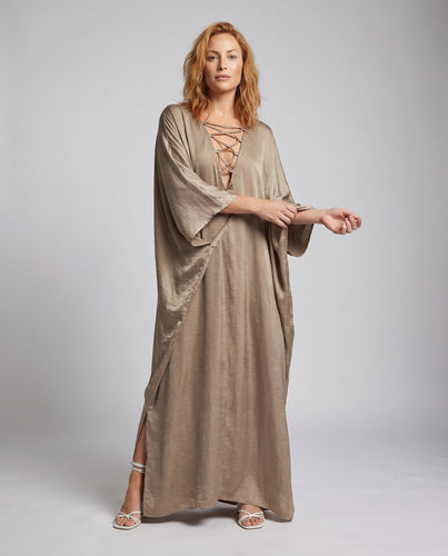 Damen eleganter Kaftan mit tiefem V-Ausschnitt und filigraner Schnürung EB