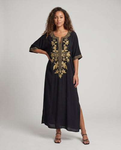Damen eleganter Maxikaftan mit kunstvoller floraler Stickerei EB