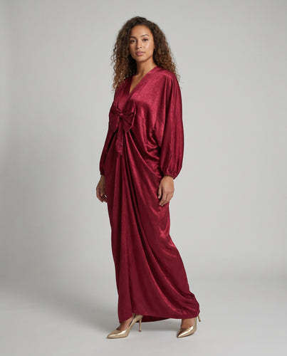 Damen eleganter Maxikleid mit voluminösen Ärmeln und dekorativem Schleifen-Detail EB